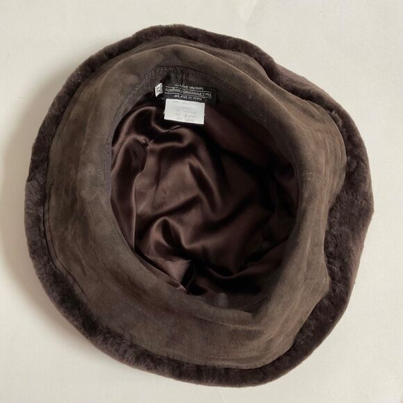 VTG  J. Peterman Sheepskin Bucket Hat Sz M Rolled Brim Brown Italy Cozy Luxury - Picture 7 of 9